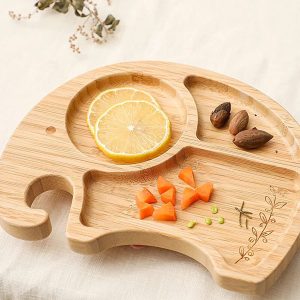 Prato De Bambu Para Bebê Com Ventosa De Silicone e Conjunto De Colher