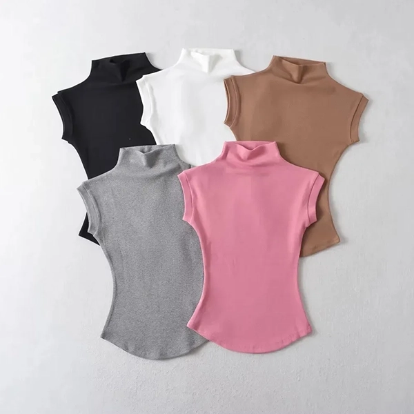 blusa de gola alta, camiseta de gola alta, blusa sem mangas de gola alta