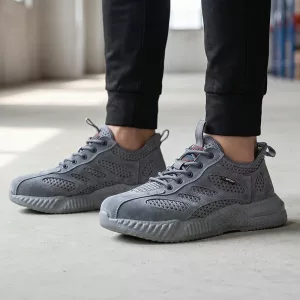 Sapatos de segurança em malha respirável, antiderrapantes, leves, tipo tênis de trabalho com proteção para os dedos