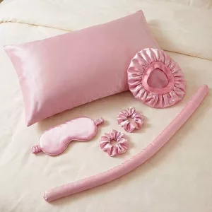 Conjunto de sono com 6 peças: elástico de cabelo, touca de banho, modelador de caracóis, fronha sedosa e máscara para os olhos