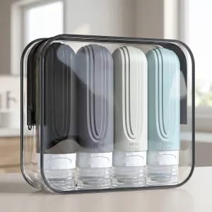 Conjunto de 4 frascos recarregáveis de silicone com bolsa de viagem